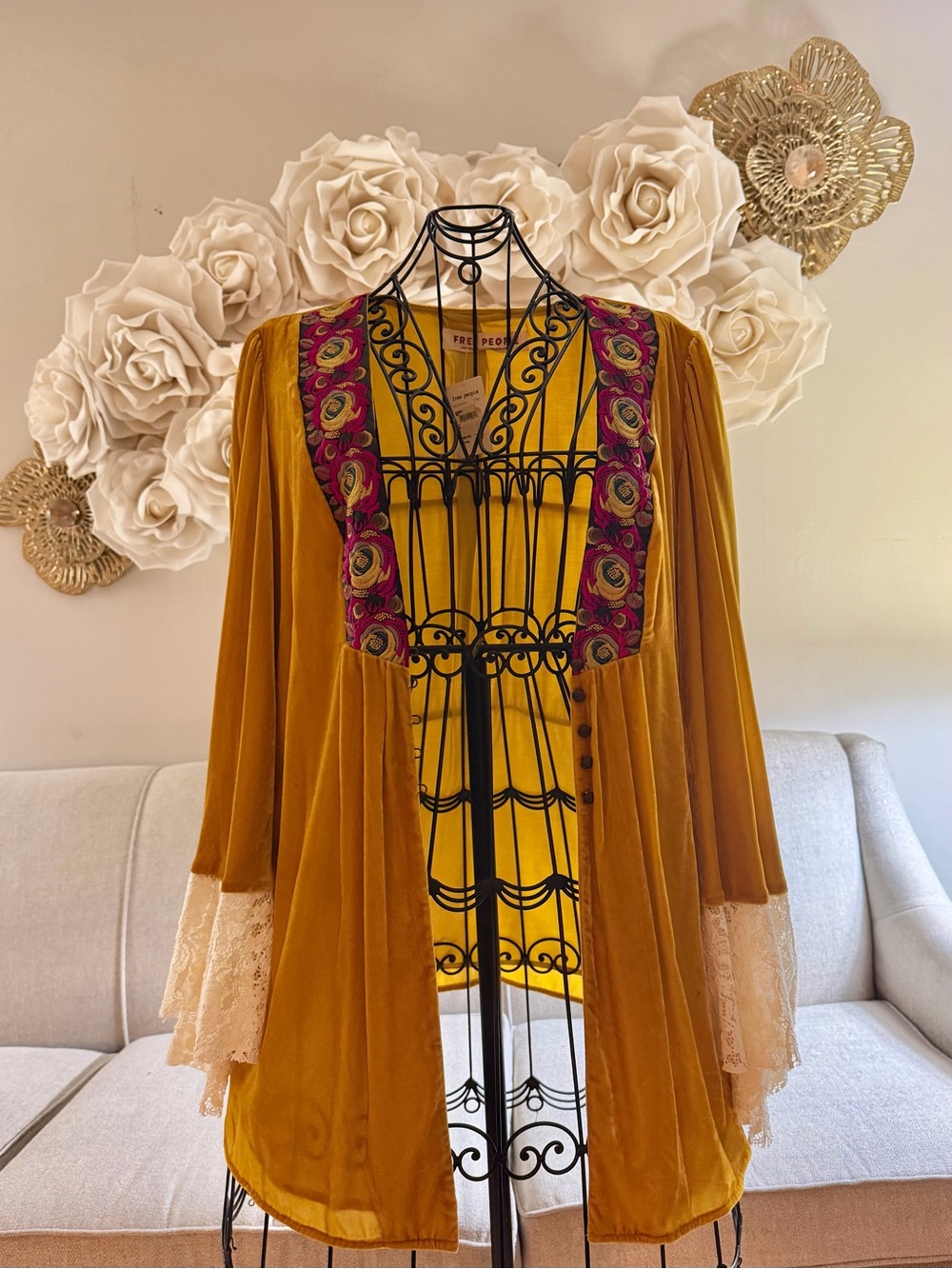 Free People Mustard Velvet Tunic with Cranberry & Green Embroidered V-Neck - Picture 2 of 7